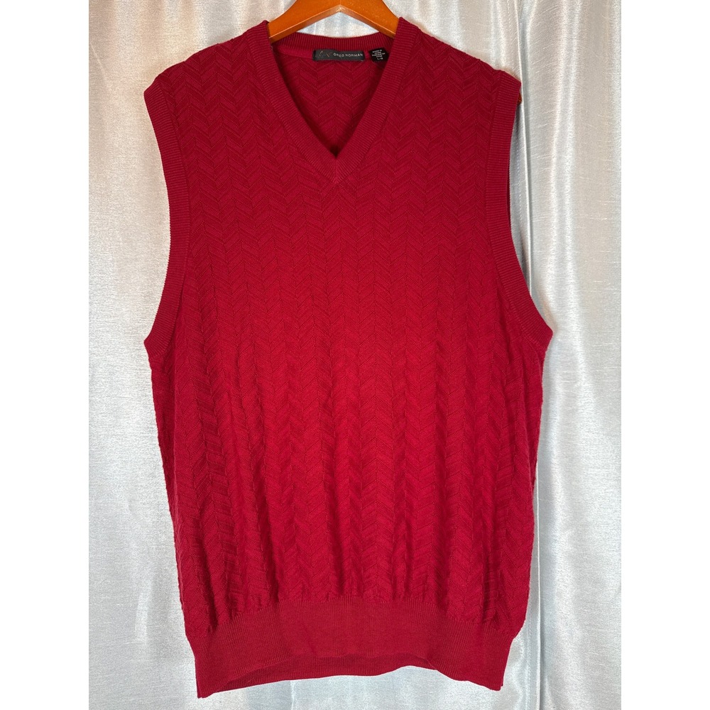 Greg Norman V-Neck Sweater Vest Men's Large Red Patterned Sleeveless‎